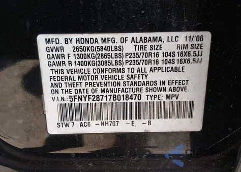 2007 Honda Pilot Ex-L z USA, uszkodzony, nr VIN 5FNYF28717B018470